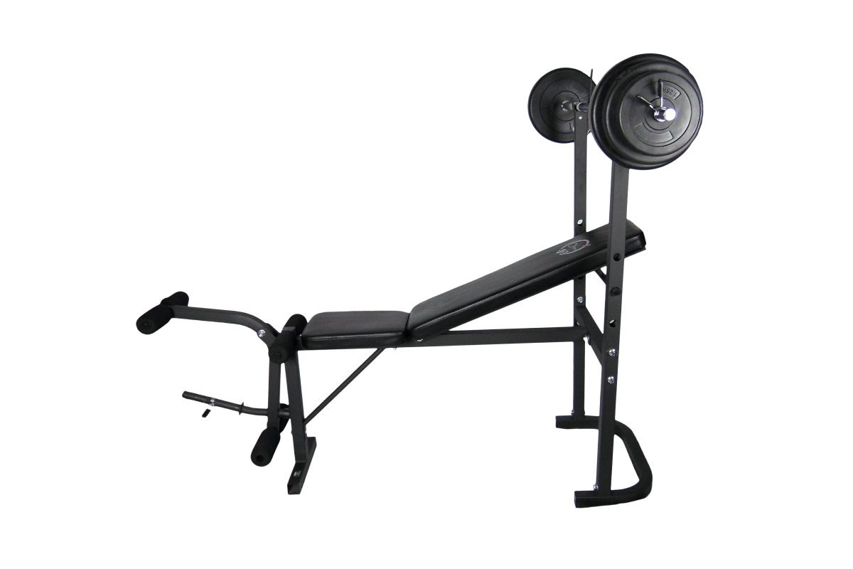 Banc de musculation avec barre + poids 20 Kg inclus - Idéal pour une activité physique à la maison | Compact et polyvalent | Noir et argent | TRENDYFLAIR