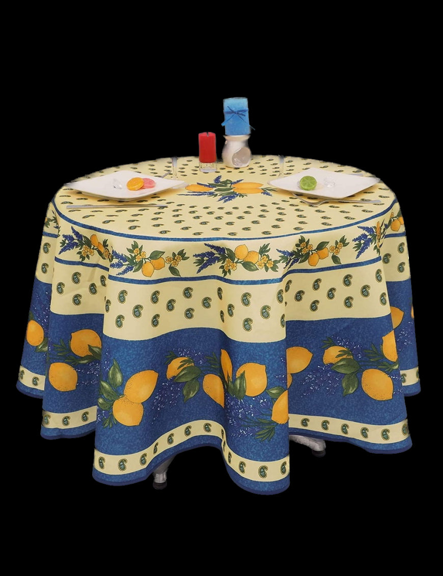 Nappe Provensale Rectangle ou Ronde Anti-Tache 100% Polyester - Citron - bleu - 180cm |homeflair