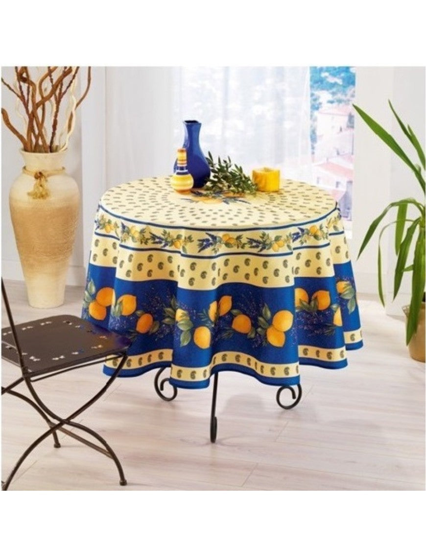 Nappe Provensale Rectangle ou Ronde Anti-Tache 100% Polyester - Citron - bleu - 180cm |homeflair