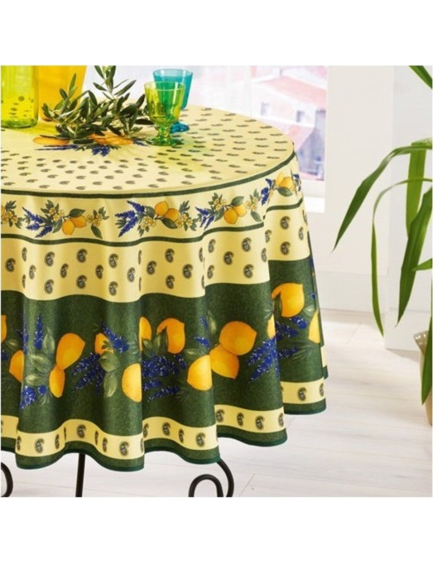 Nappe Provensale Rectangle ou Ronde Anti-Tache 100% Polyester - Citron - Vert - 180cm |homeflair