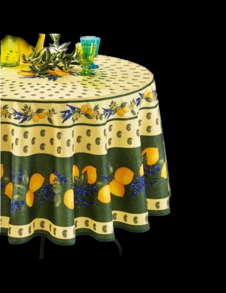 Nappe Provensale Rectangle ou Ronde Anti-Tache 100% Polyester - Citron - Vert - 180cm |homeflair