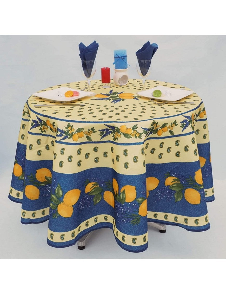 Nappe Provensale Rectangle ou Ronde Anti-Tache 100% Polyester - Citron - bleu - 180cm |homeflair
