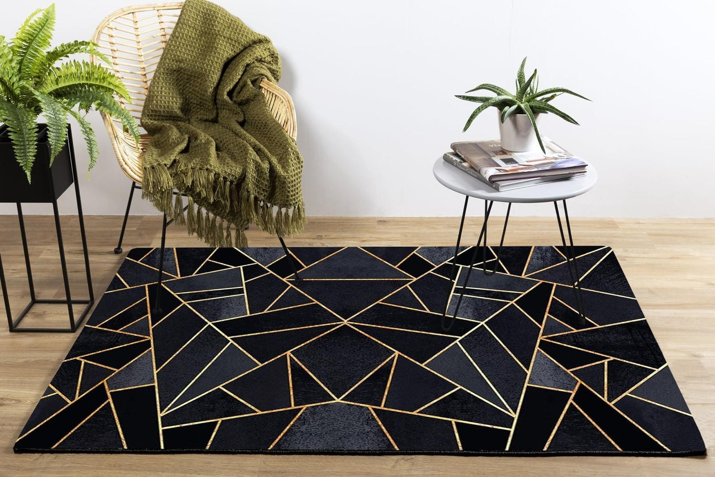 Tapis Grafic Noir Doré Dimensions - 80x150 – Qualité supérieure pour Maison, Appartement, Bureau – Style élégant et durable – Confort optimal, facile à nettoyer – Idéal salon et chambre