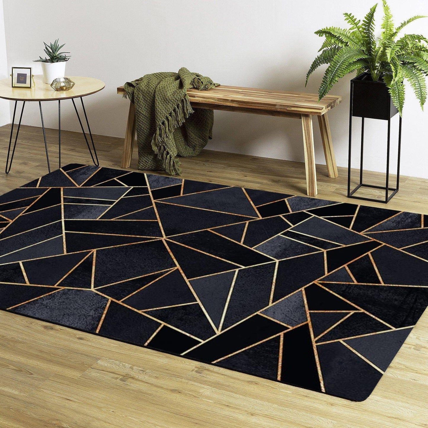 Tapis Grafic Noir Doré Dimensions - 80x150 – Qualité supérieure pour Maison, Appartement, Bureau – Style élégant et durable – Confort optimal, facile à nettoyer – Idéal salon et chambre