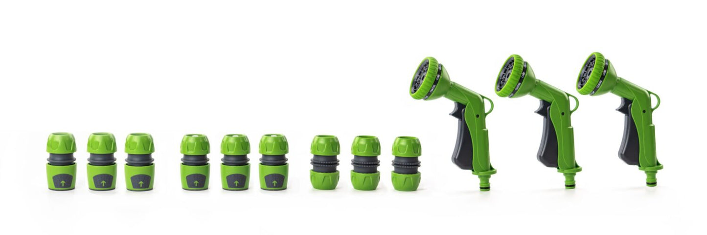 Accessoires d'arrosage - Lot de 9 connecteurs et 3 pistolets 10 jets | Pratique et polyvalent | Noir et vert | TRENDYFLAIR