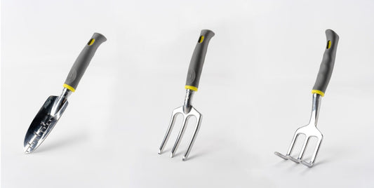 Lot de 3 outils de jardin - Suan - Fourche, râteau à fleurs et transplantoir | Légers et durables en aluminium | Idéal pour le jardinage | TRENDYFLAIR