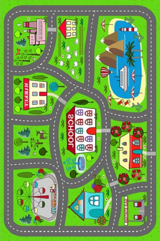 Tapis Circuit de Voiture Village Vert 100x160cm – Qualité supérieure pour Maison, Appartement, Bureau – Style élégant et durable – Confort optimal, facile à nettoyer – Idéal salon et chambre