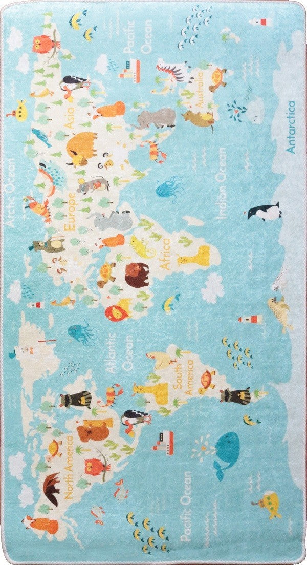 Tapis Carte du Monde Bleu 100x150cm – Qualité supérieure pour Maison, Appartement, Bureau – Style élégant et durable – Confort optimal, facile à nettoyer – Idéal salon et chambre