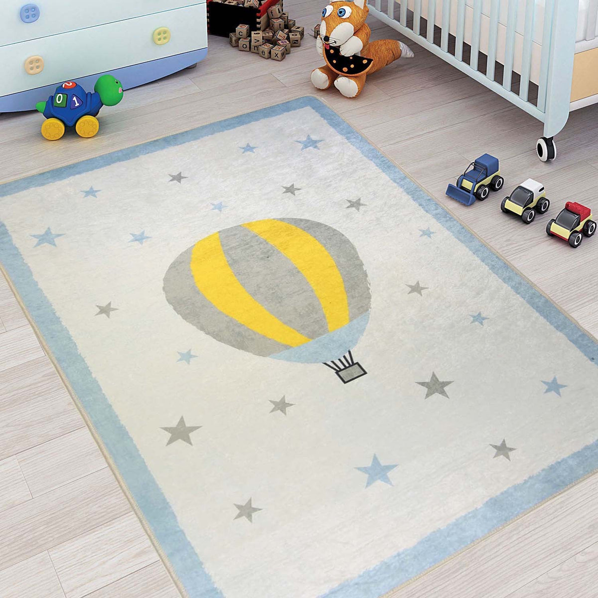 Tapis Enfant MONGOLFIERE 80 x 150 cm - Bleu – Qualité supérieure pour Maison, Appartement, Bureau – Style élégant et durable – Confort optimal, facile à nettoyer – Idéal salon et chambre