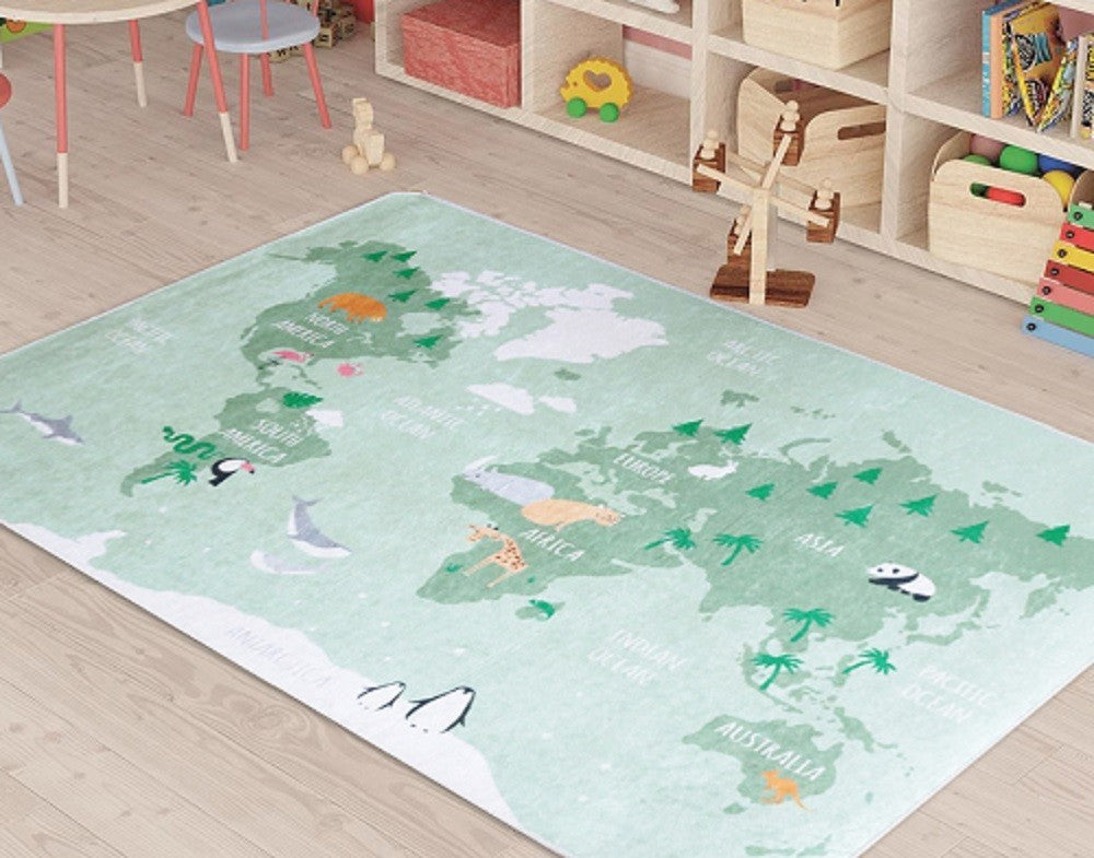 Tapis Carte du Monde Vert 80x150cm – Qualité supérieure pour Maison, Appartement, Bureau – Style élégant et durable – Confort optimal, facile à nettoyer – Idéal salon et chambre