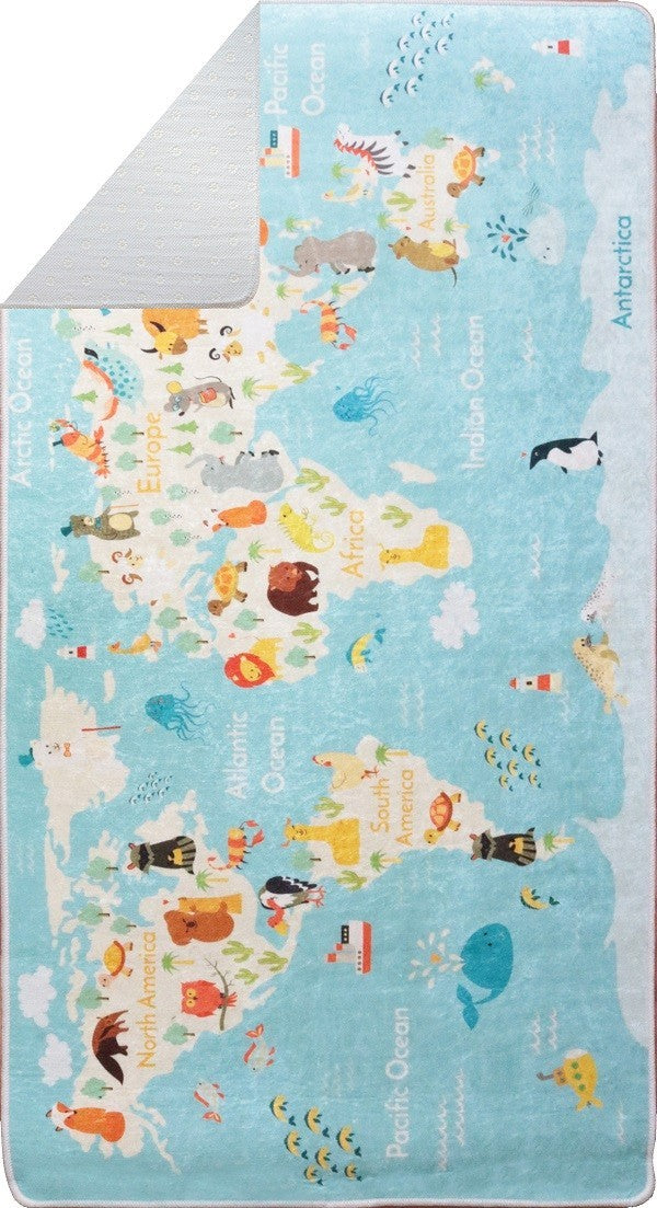 Tapis Carte du Monde Bleu 80x150cm – Qualité supérieure pour Maison, Appartement, Bureau – Style élégant et durable – Confort optimal, facile à nettoyer – Idéal salon et chambre
